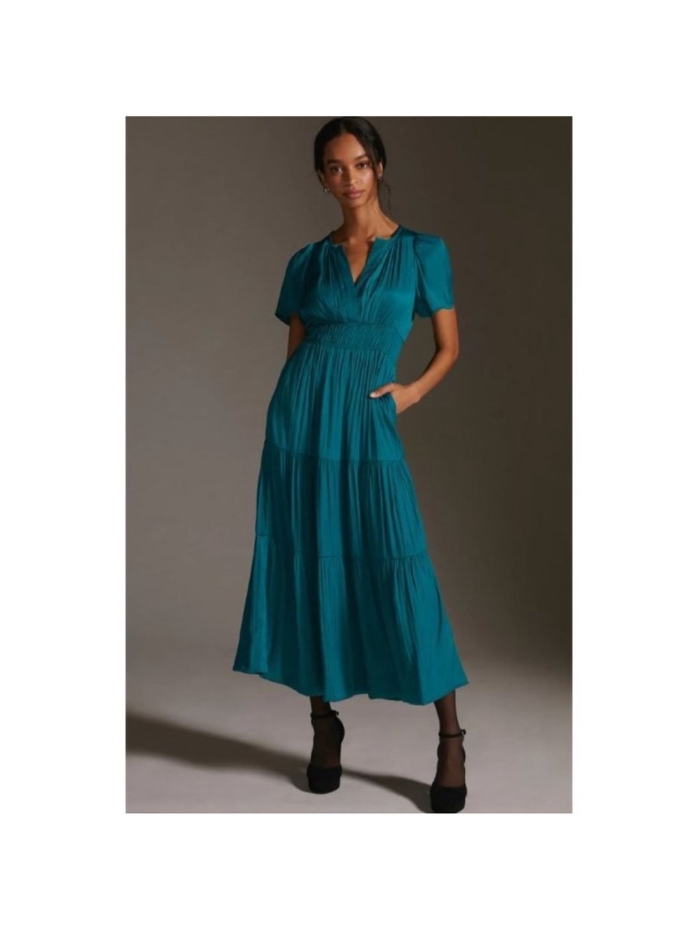 Anthropologie Somerset Teal Short-Sleeve Tiered maxi Dress NWT